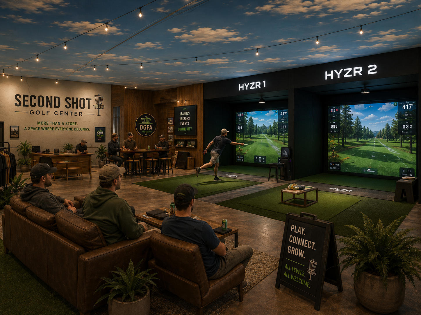 Concept of a HYZR disc golf simulator bay